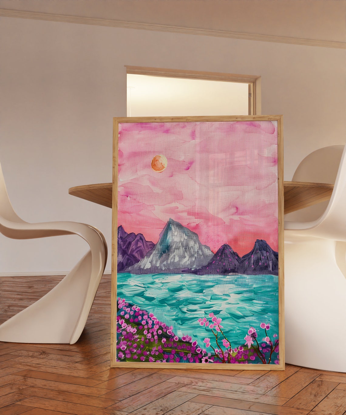 Pink Sky Over A Teal Mountain Lake With Wildflowers Art Print - Image 3