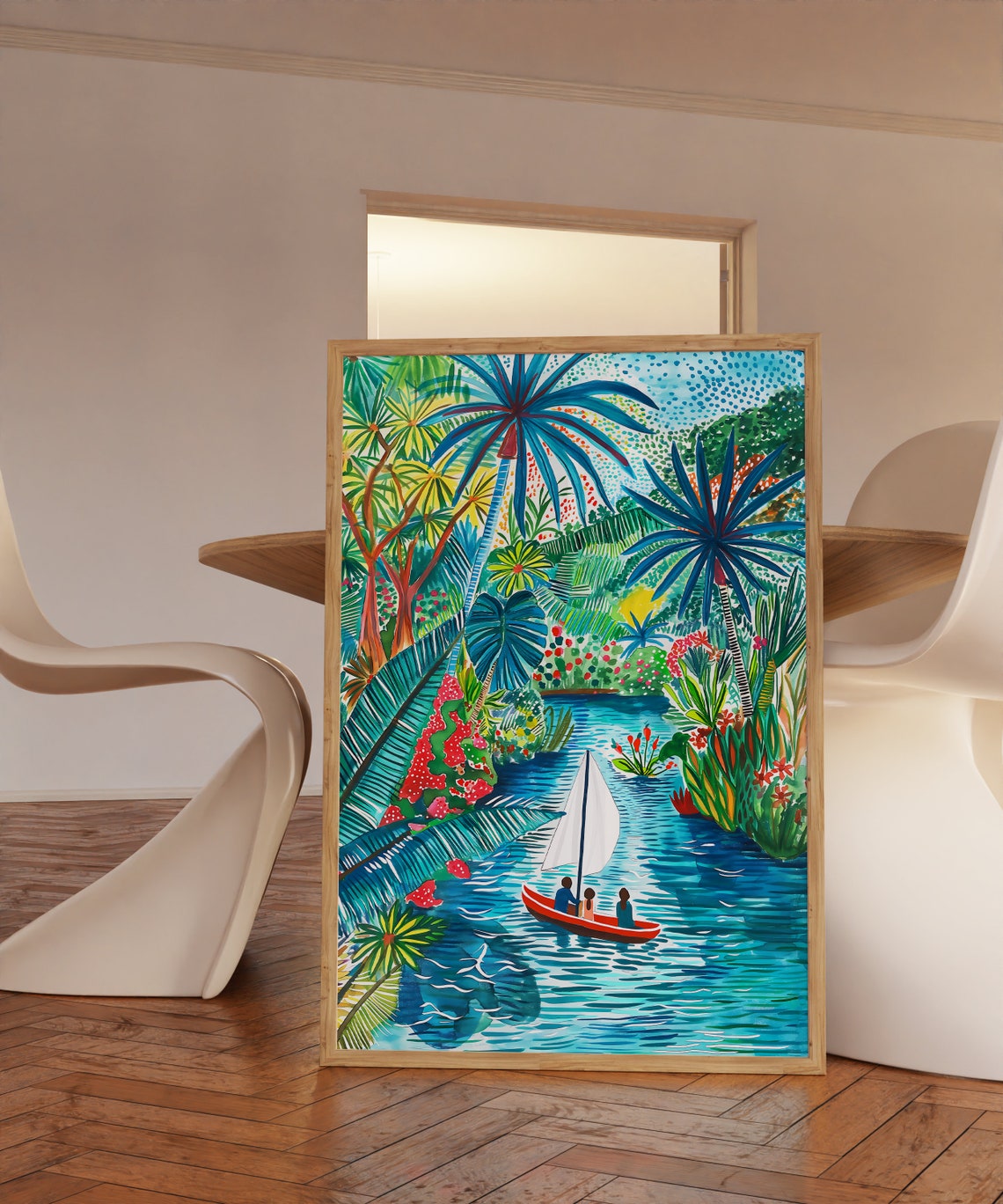 Sailboat on Tropical River with Palm Trees Jungle Travel Art Poster - Image 3