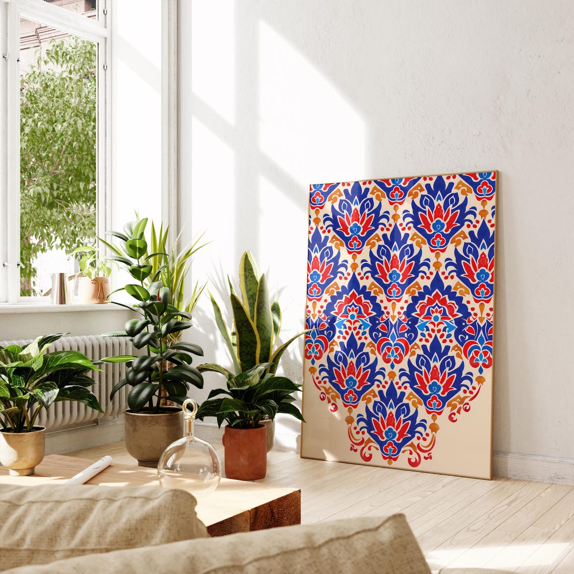 Vintage Turkish Iznik Floral Damask Pattern Blue Red Gold Wall Art - Image 2