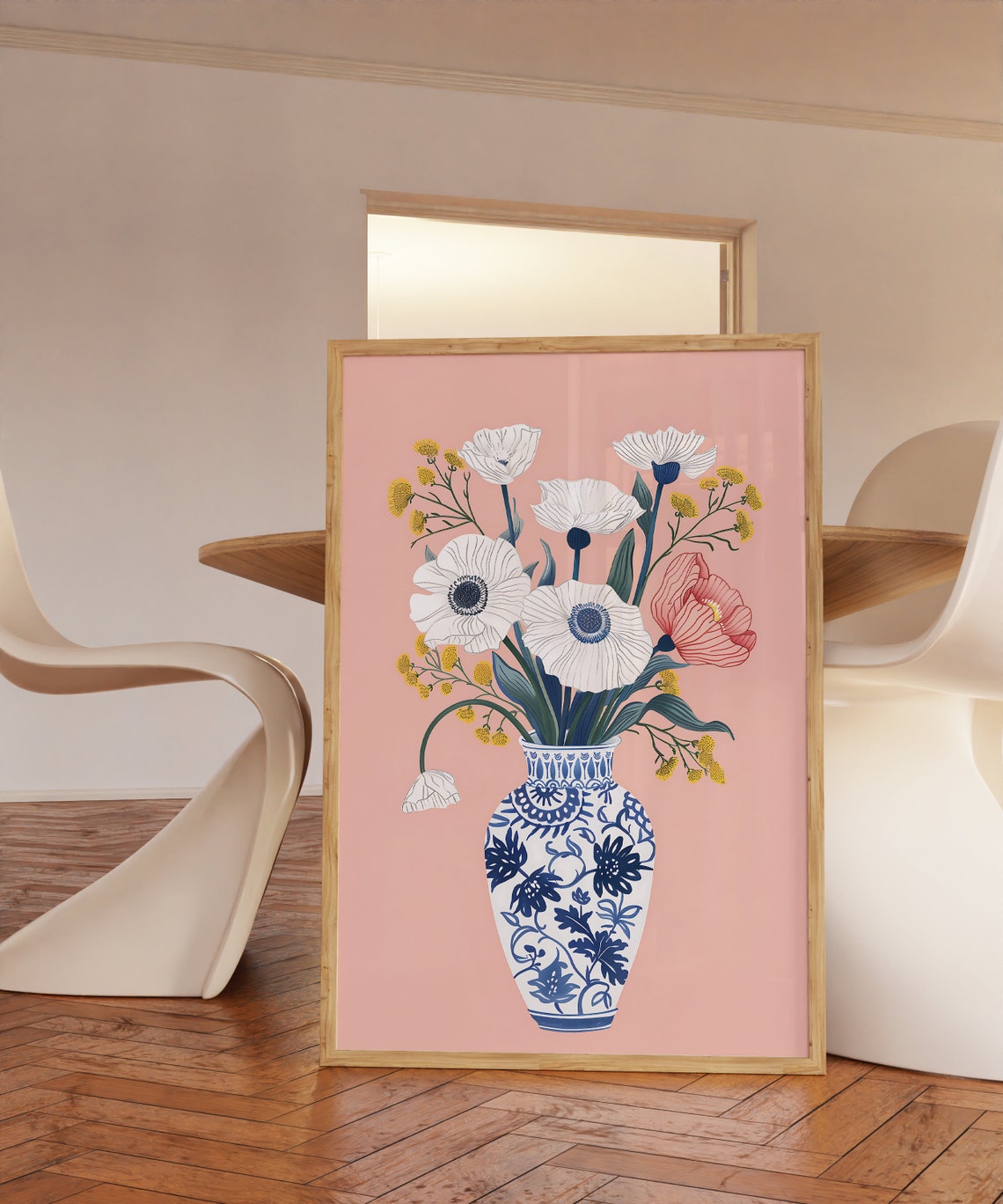 White Poppies Blue White Vase Pink Background Floral Art Poster - Image 3