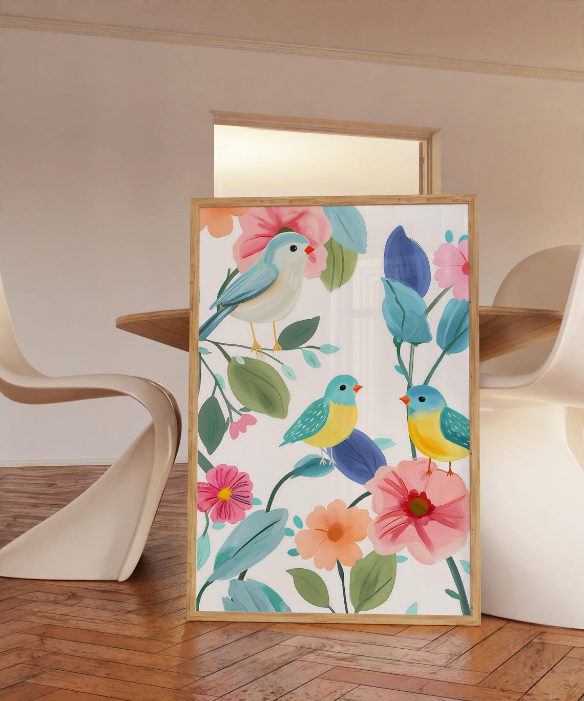 Little Blue Birds Pastel Blossoms Spring Floral Illustration Print - Image 3