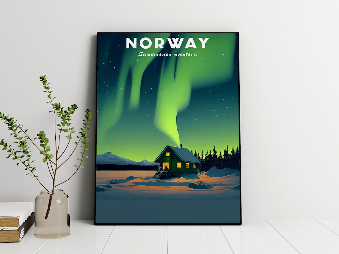 Norway Illustration Art Print, Scandinavian Mountains