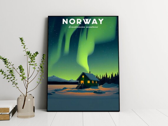 Norway Illustration Art Print, Scandinavian Mountains