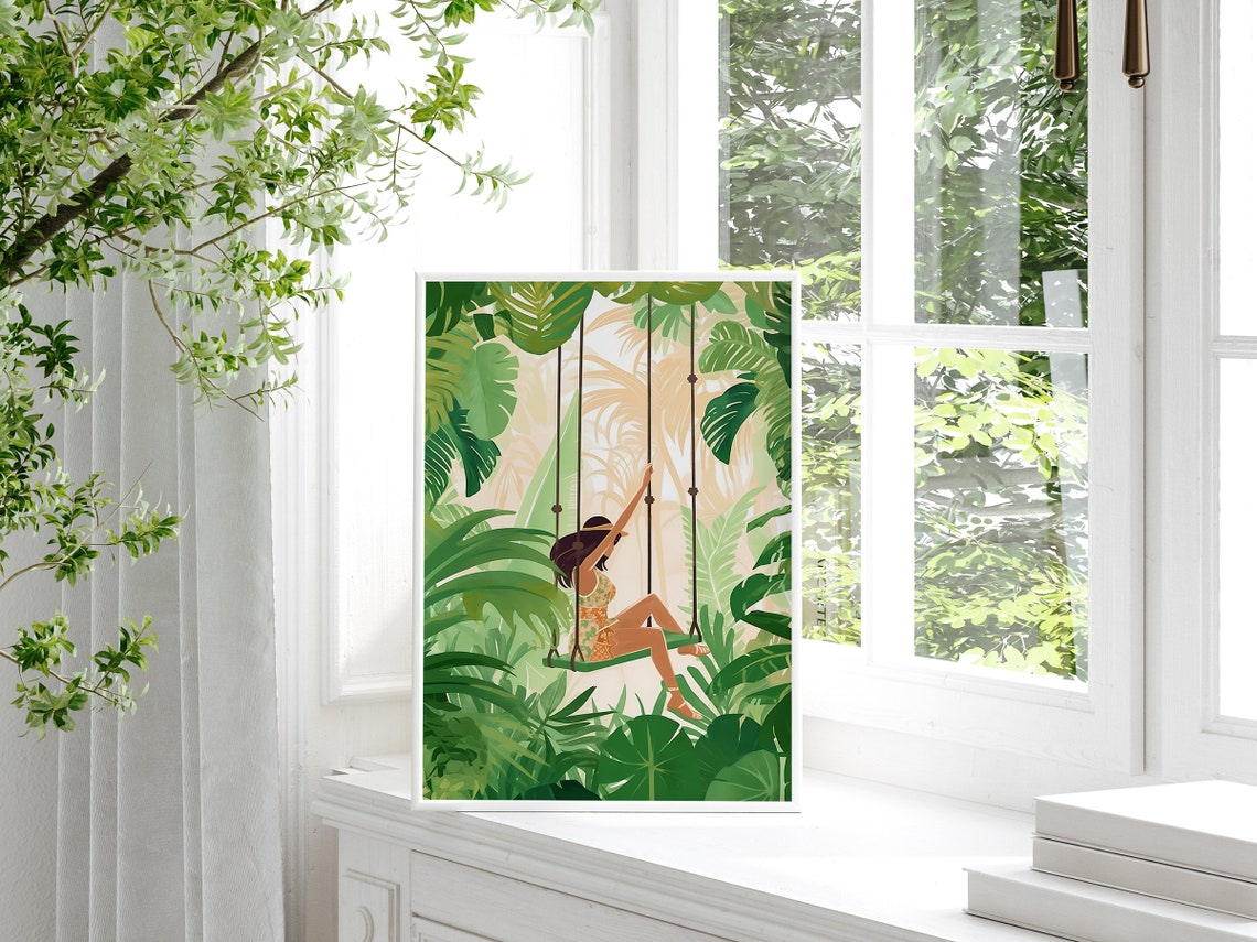 Woman On A Rope Swing In A Lush Tropical Jungle Illustration Poster - Image 3