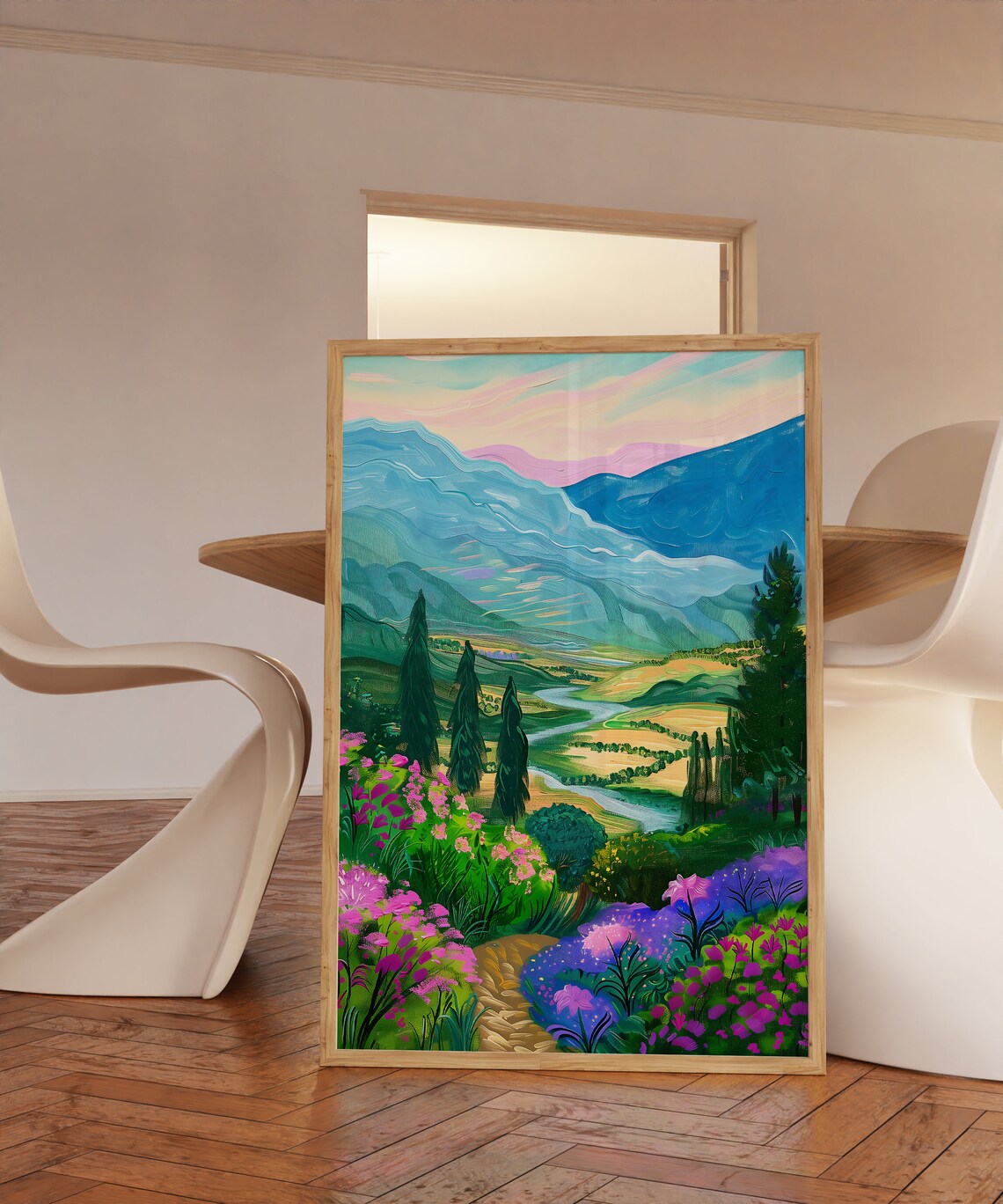 Colorful Countryside Art Print, Floral Landscape - Image 3