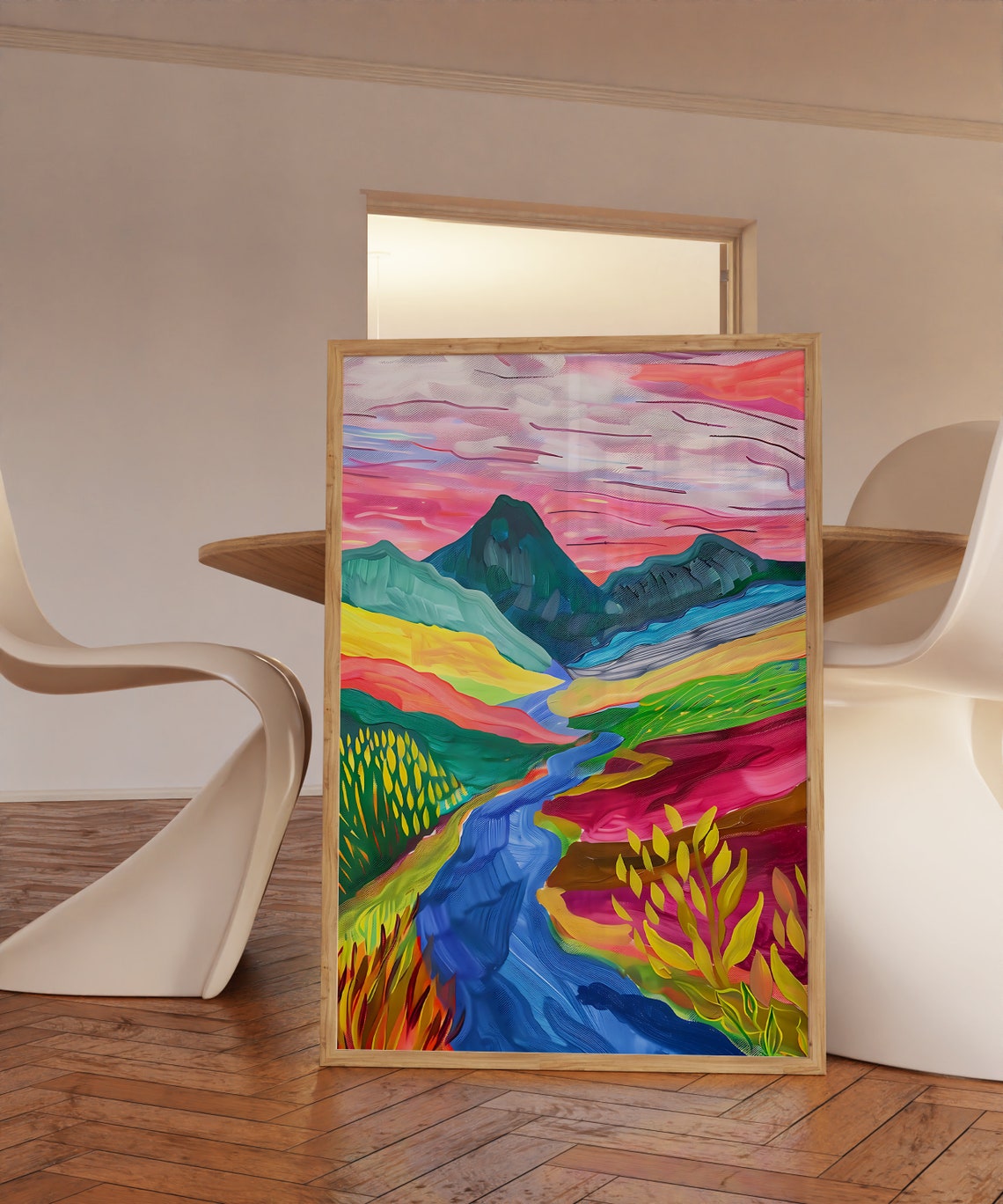 Vibrant Rainbow Mountain Valley Blue River Sunset Landscape Poster - Image 3