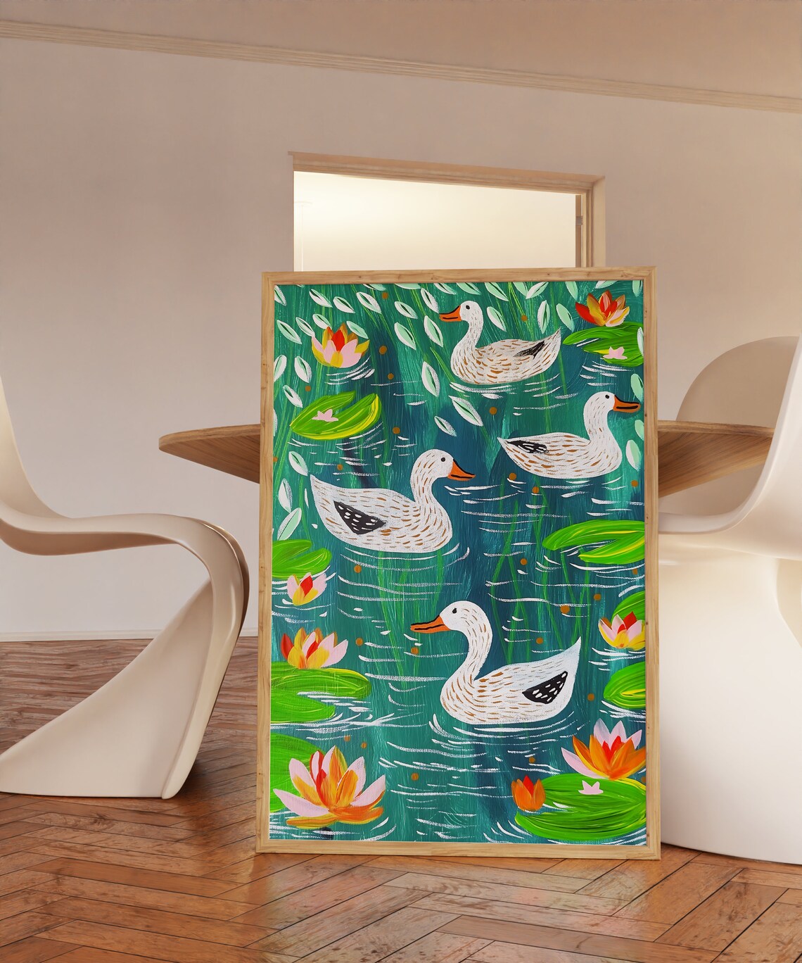 Ducks In A Pond Art Print, Water Lily Flowers - Image 3