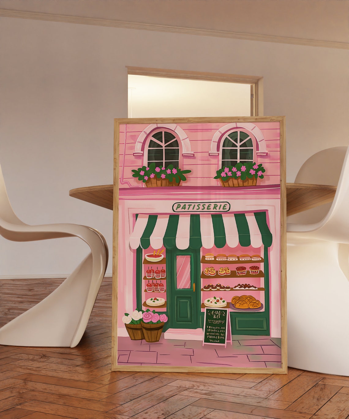 Pink Parisian Patisserie Storefront Bakery Illustration Poster