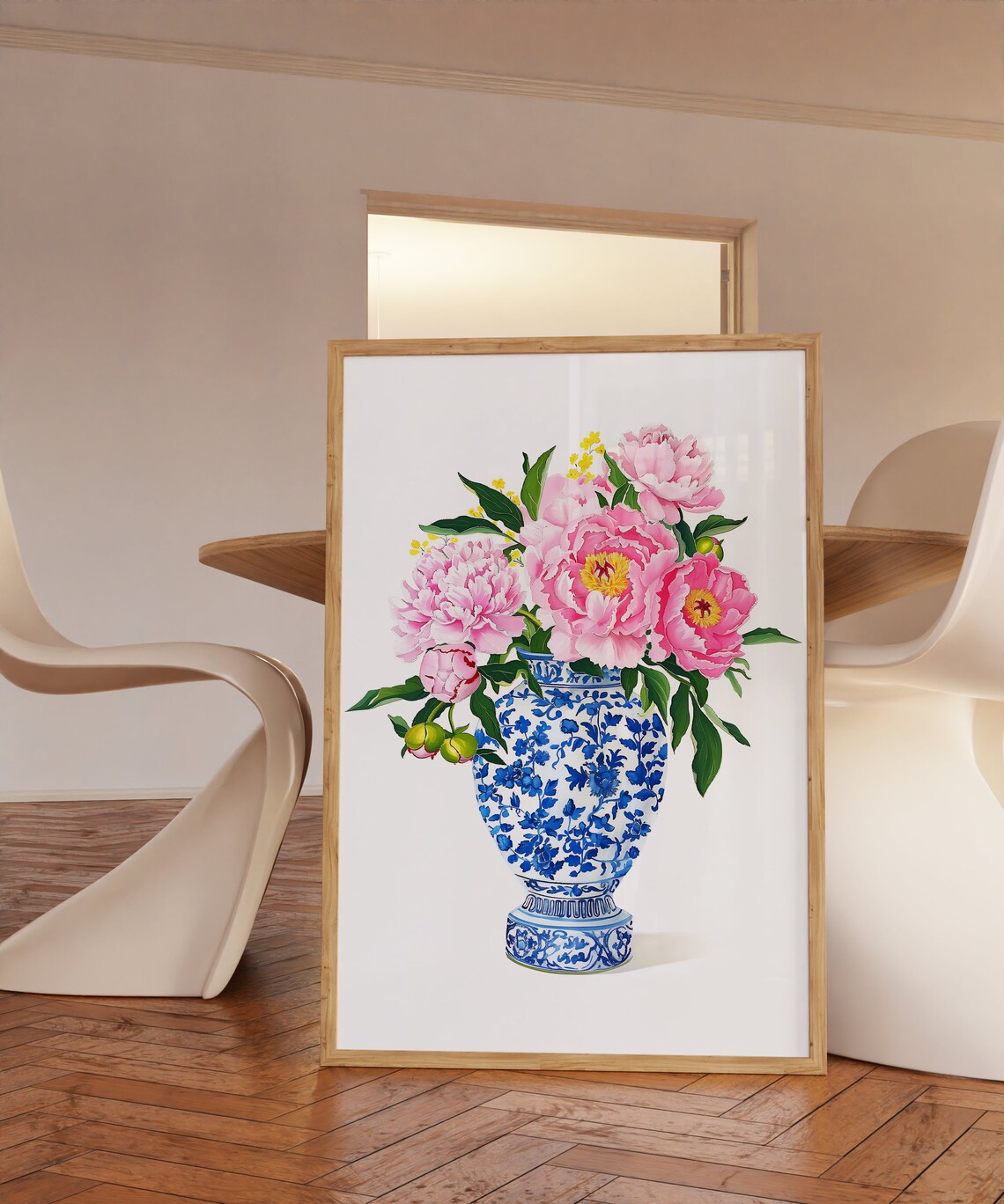 Pink Peonies in Ginger Jar, Blue-White Pottery - Image 3