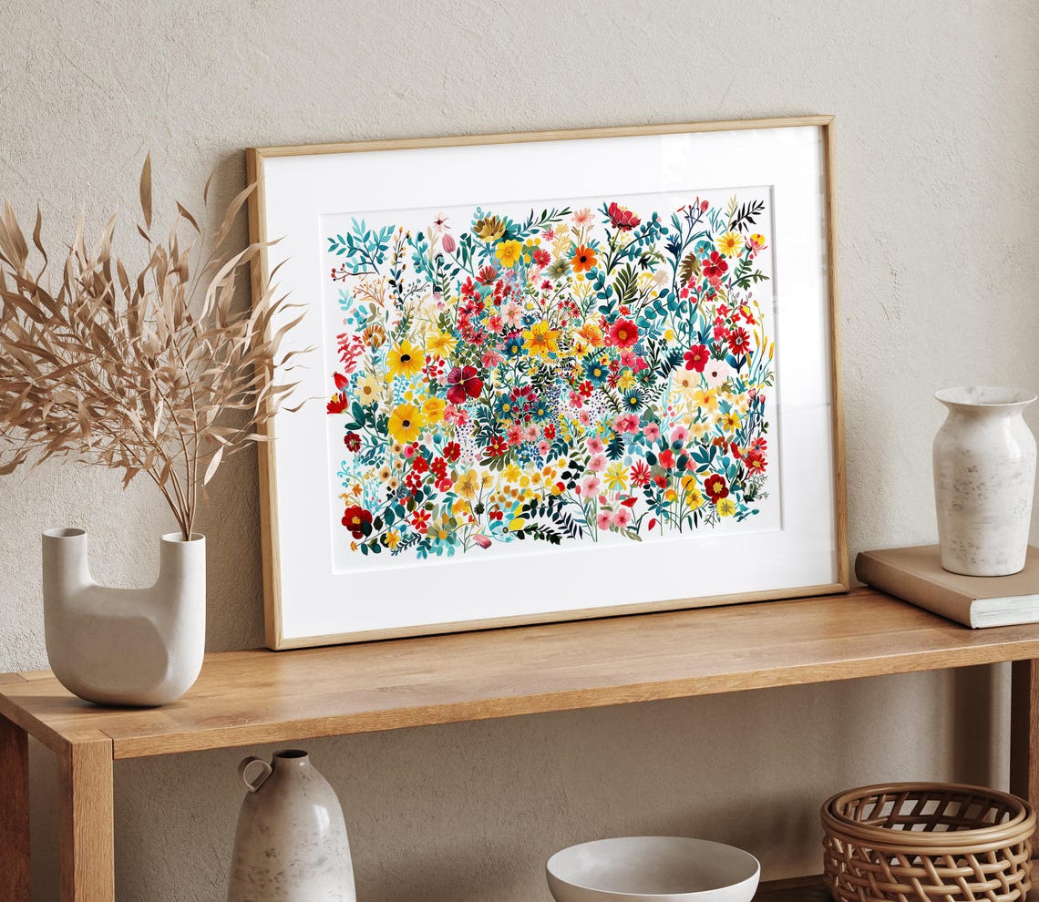 Watercolor Painting Of A Colorful Flower Garden Wall Art Bright Colors Field Of Flowers Landscape Art Pastel Flowers - Image 3