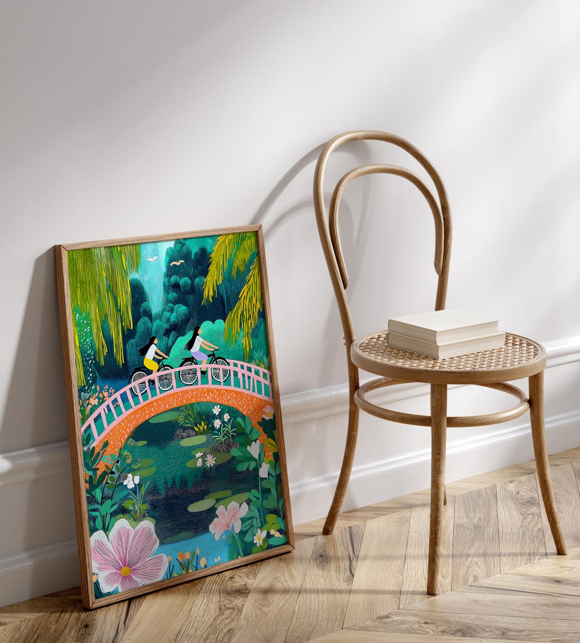 Two Cyclists Crossing Bridge Lily Pond Botanical Illustration Poster - Image 3