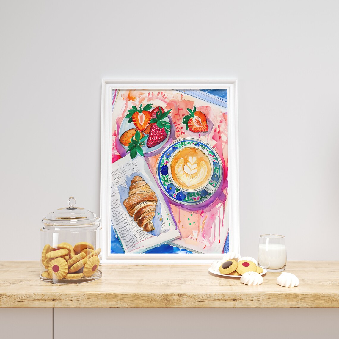 Coffee and Croissant Watercolor Art Print, Kitchen Art - Image 3