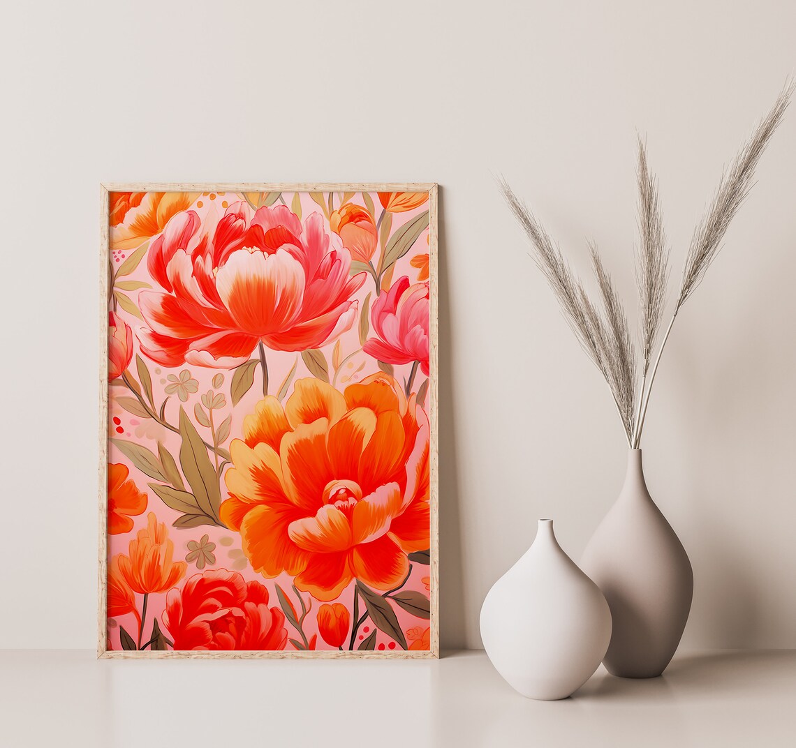 Orange Pink Abstract Floral Art Print, Maximalist - Image 2