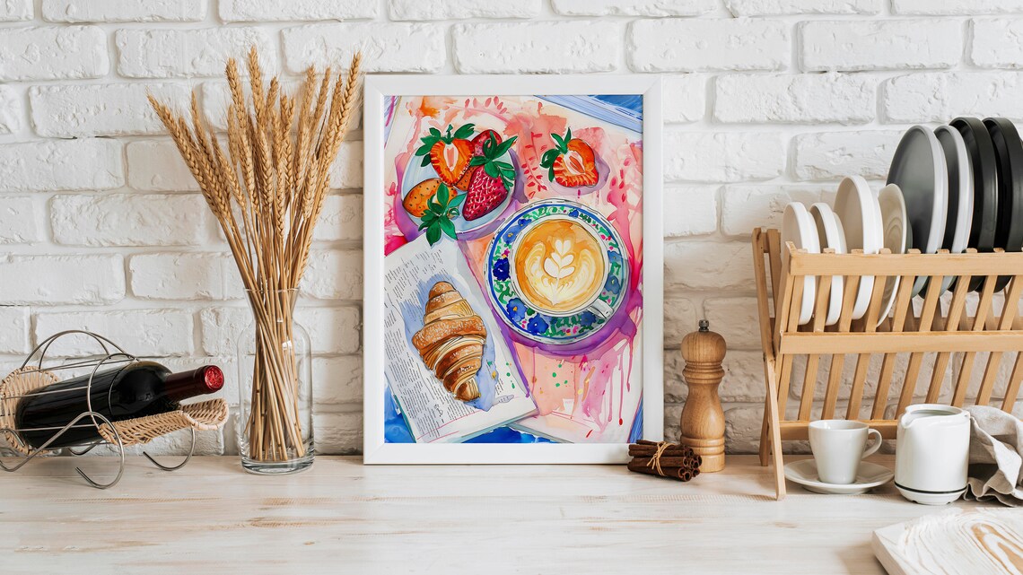 Coffee and Croissant Watercolor Art Print, Kitchen Art - Image 2
