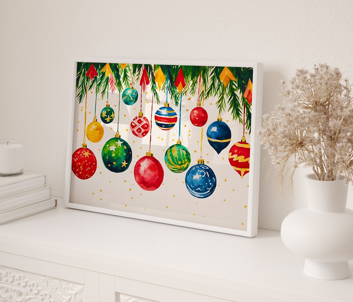 Watercolor Christmas Baubles Hanging Pine Branches Holiday Poster - Image 2