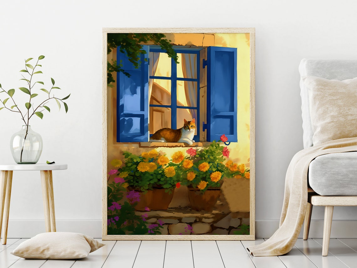 French Cottage Cat Blue Shutters Window Flowers Illustration Print - Image 2