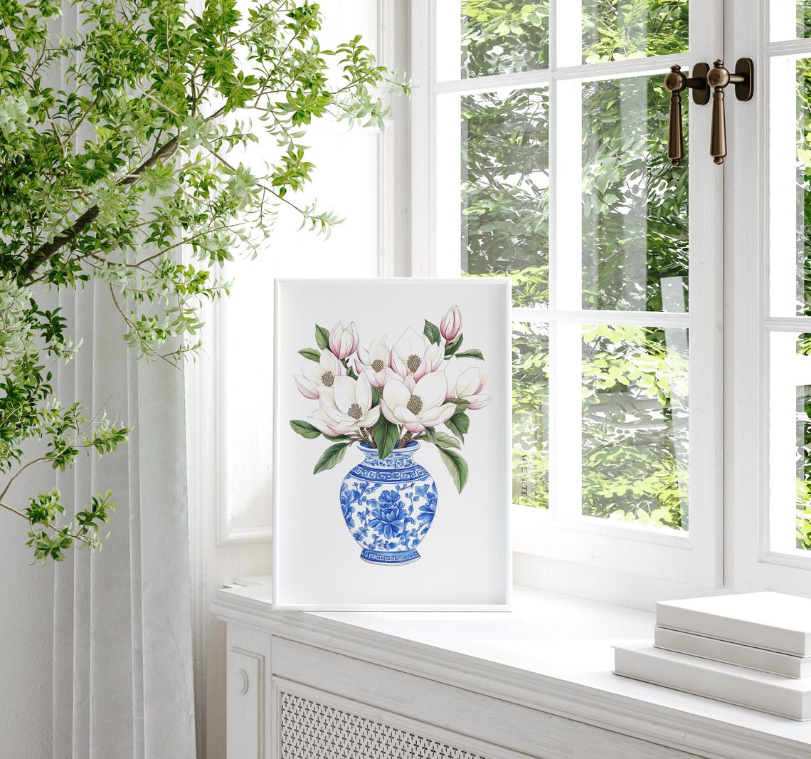 White Magnolia Blossoms Blue White Porcelain Vase Floral Poster - Image 2