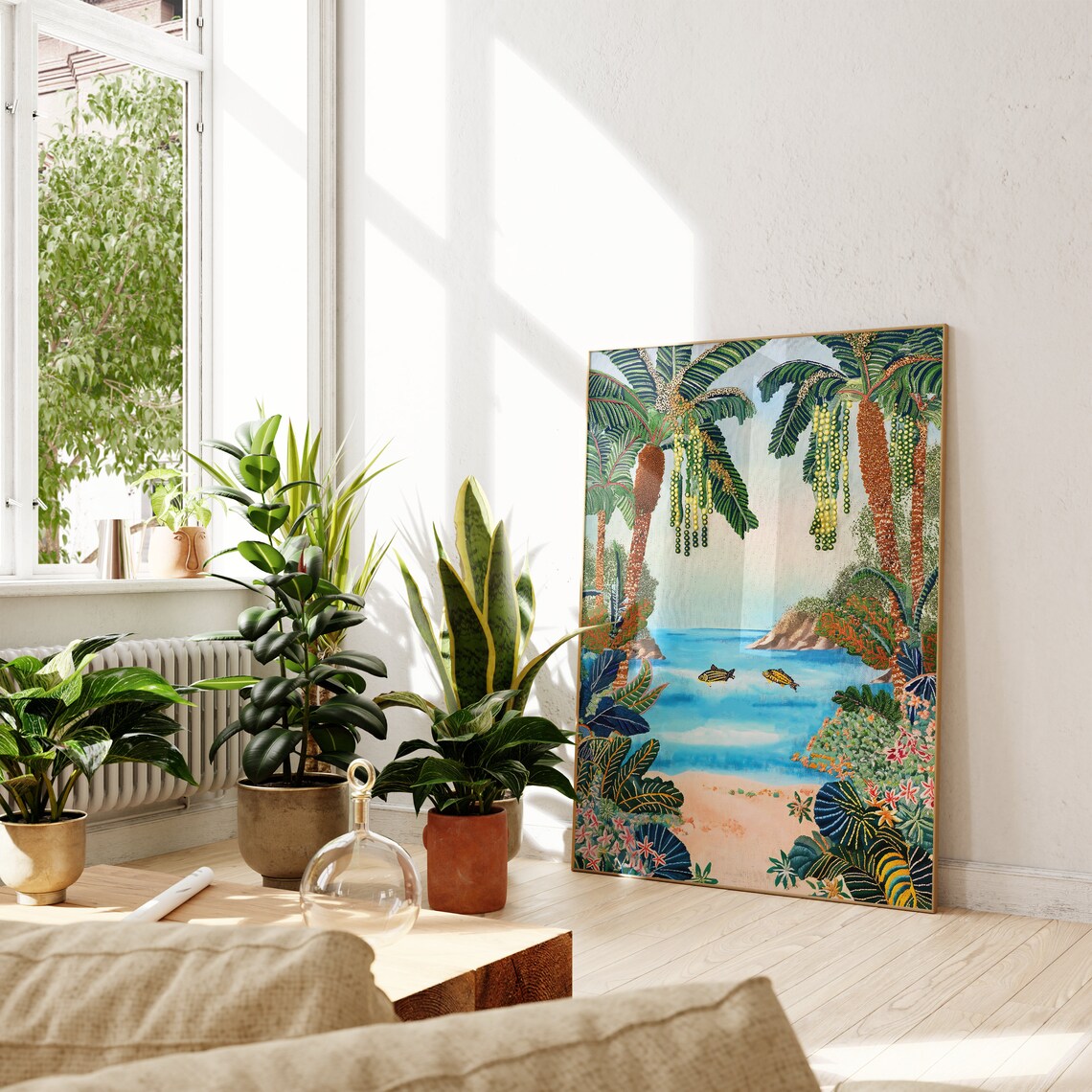 Tropical Banana Palm Cove With Clear Blue Water Beach Art Print - Image 2