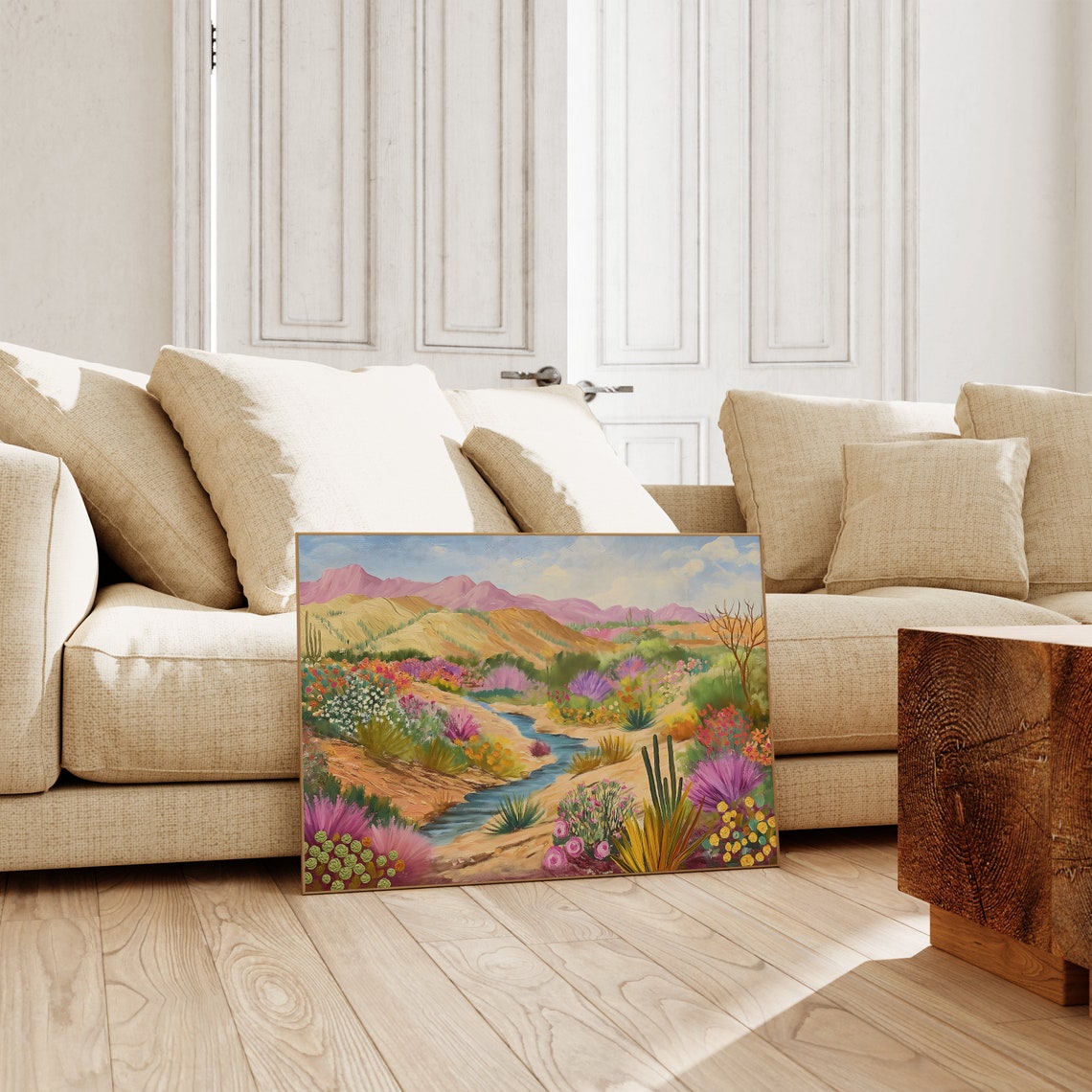 Desert Wildflower Stream Landscape with Cactus Purple Mountain Poster - Image 2