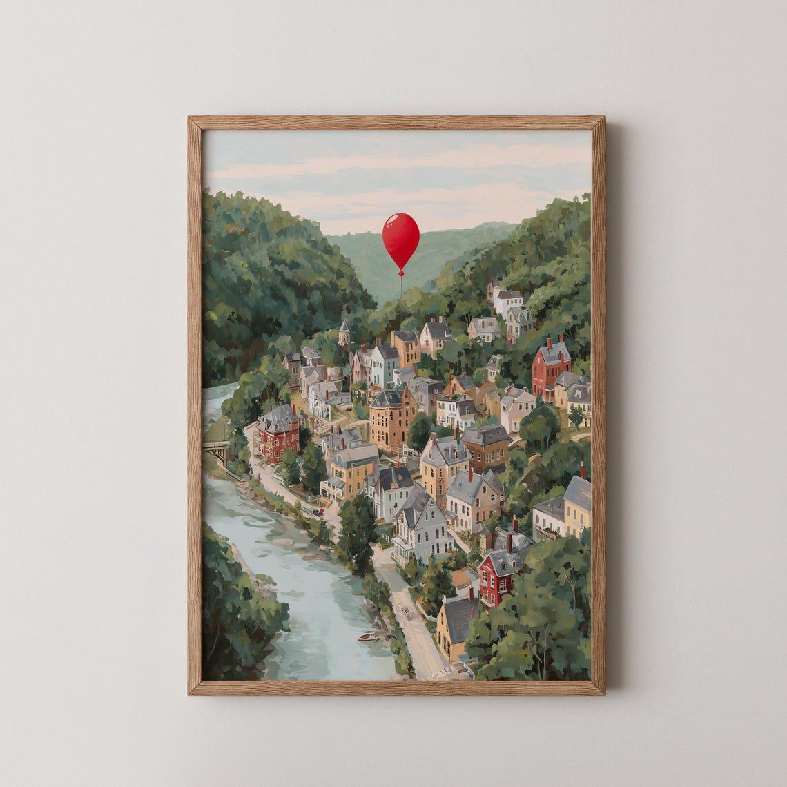 Red Balloon Floating Over River Town Stephen King Inspired Art Poster