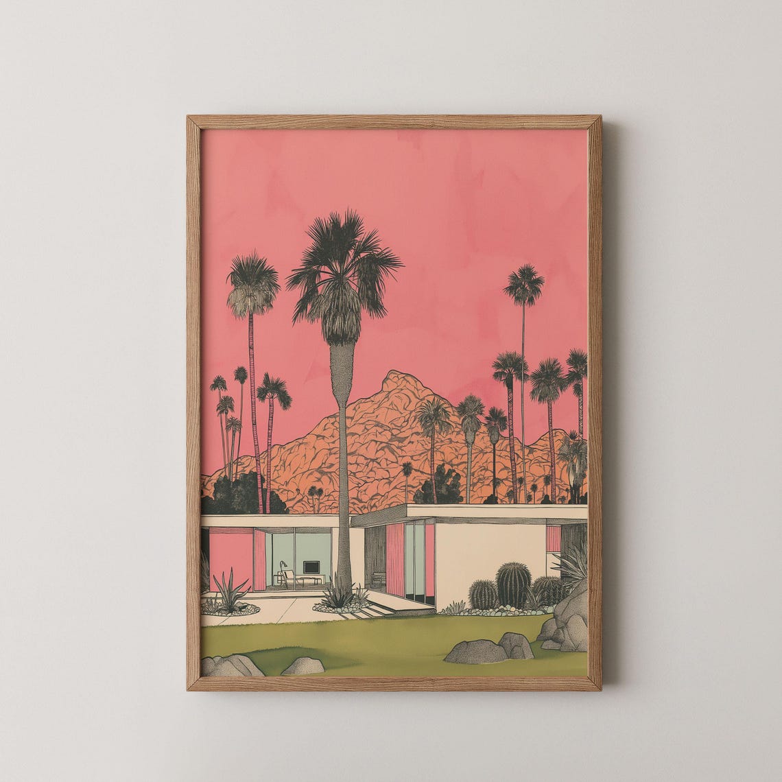 Mid Century Modern House Palm Trees Desert Sunset Retro Art Poster