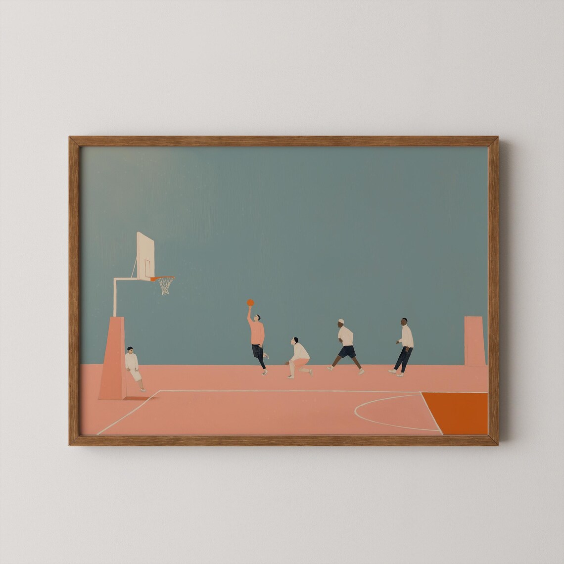 Minimalist Basketball Players Street Court Game Art Teal Pink Style Poster