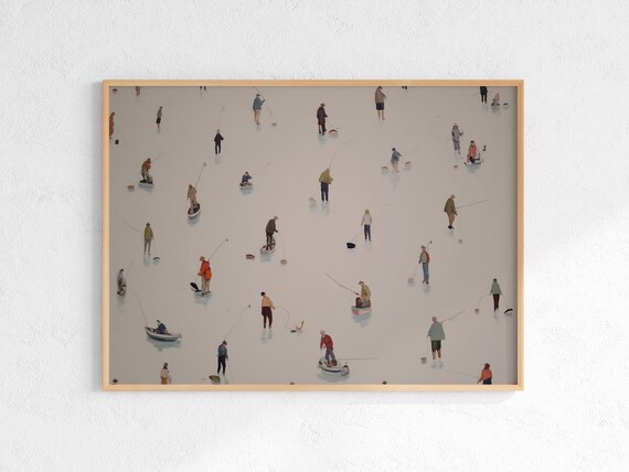 Minimalist Fishermen In Small Boats On Pale Water Fishing Poster
