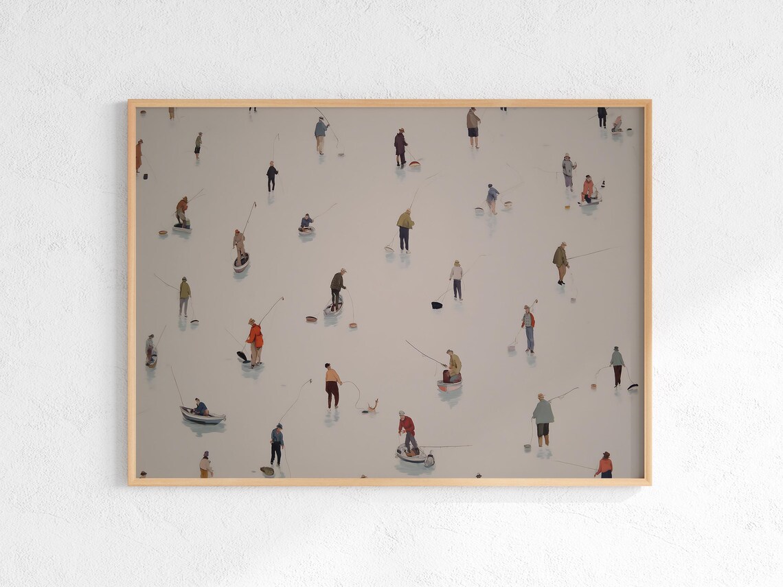 Minimalist Fishermen In Small Boats On Pale Water Fishing Poster
