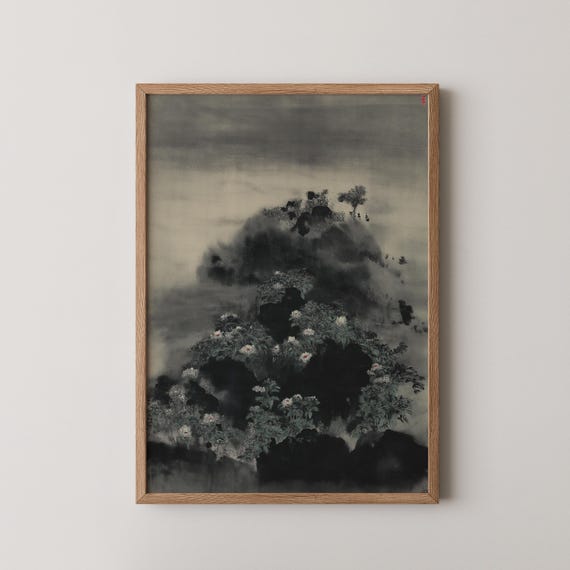 Zen Garden Print Dark Japandi Botanical Painting Large Woodblock Wall Art