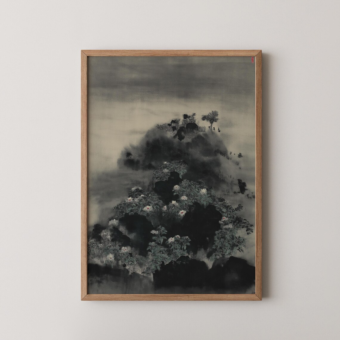 Japanese Ink Zen Garden Dark Mountains White Flowers Misty Wall Art