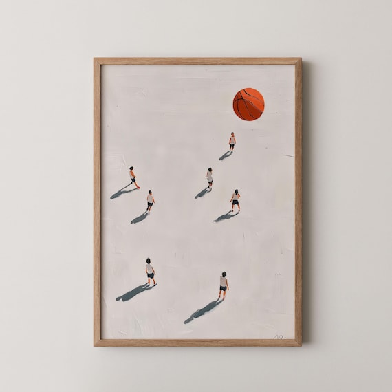 Minimalist Basketball Players Aerial Court Orange Ball Art Poster