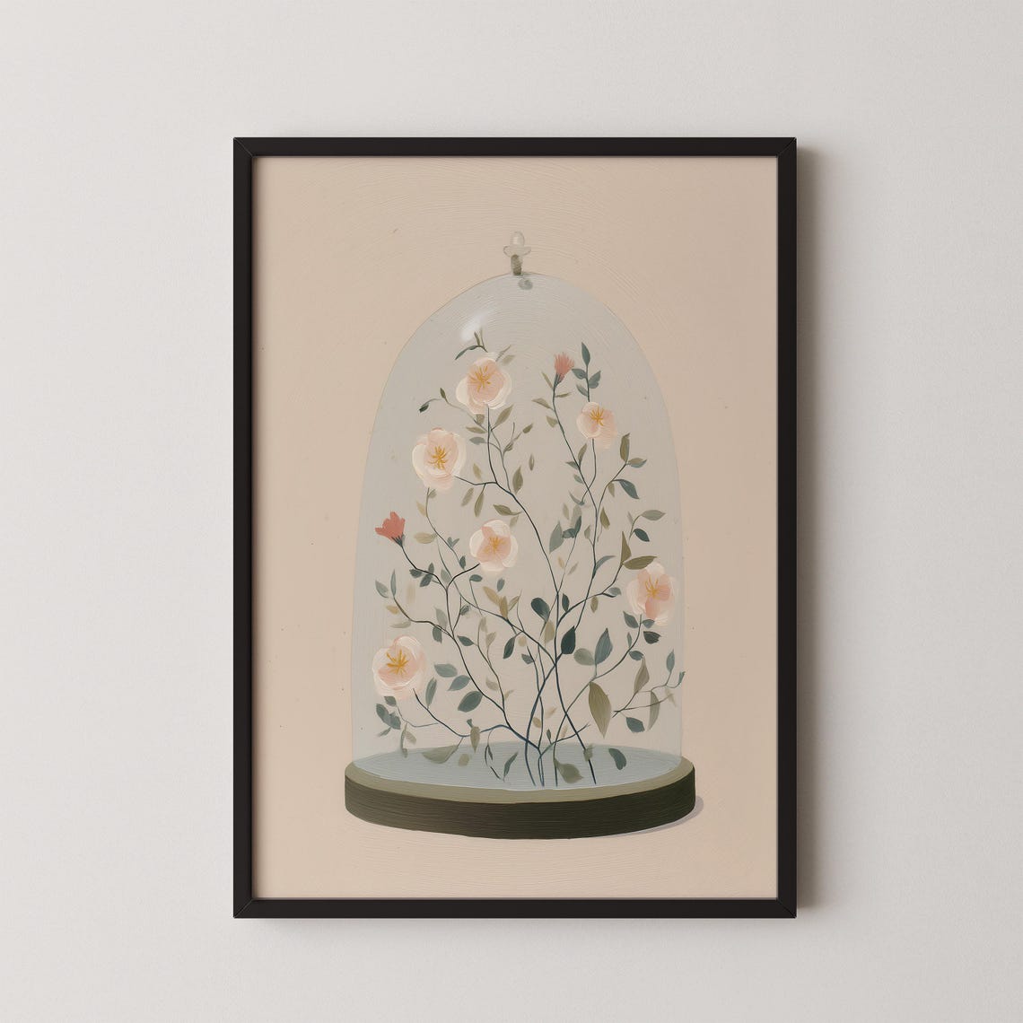 Wildflowers in Glass Bell Jar Botanical Art Print on Blush Background