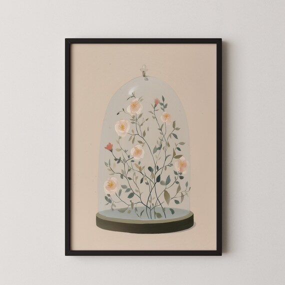 Wildflowers in Glass Bell Jar Botanical Art Print on Blush Background