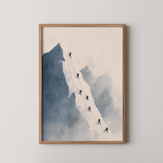 Minimalist Mountain Climbers Roped Team Ridge Watercolor Art Poster