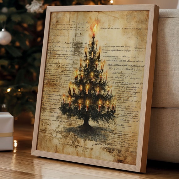 Vintage Christmas Tree Candles Print Vintage Fir Tree Poster Christmas Wall Decor Pine Tree Print Fir Tree In The Snow Moody Neutral