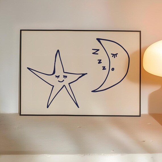 Star And Moon Print Trendy Bedroom Wall Art Digital Download Horizontal