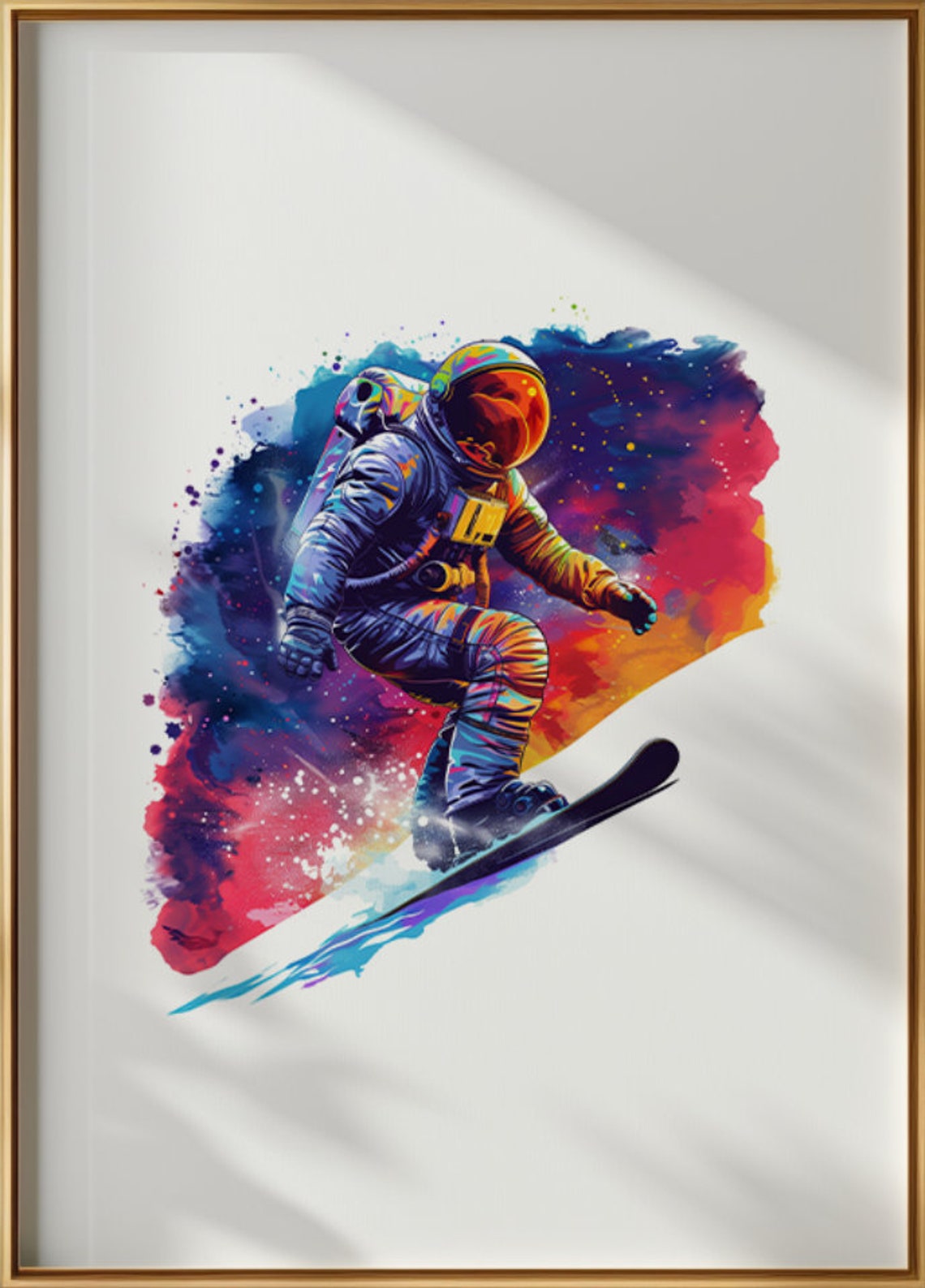 Astronaut Snowboarding In Watercolor With Galaxy Burst Poster - Image 3