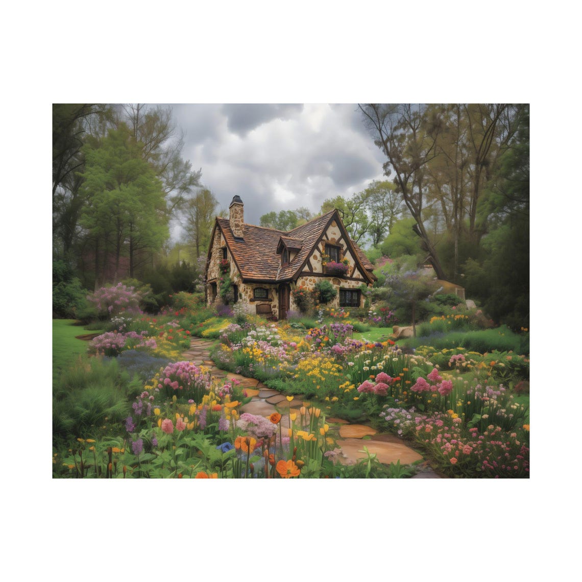 Charming Rustic Stone Storybook Cottage Wildflower Garden Poster - Image 3