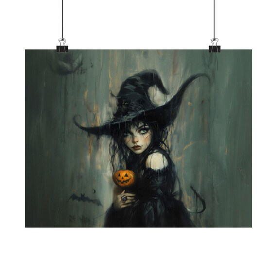 Cute Witch Girl Holding Jack O Lantern Pumpkin Halloween Poster