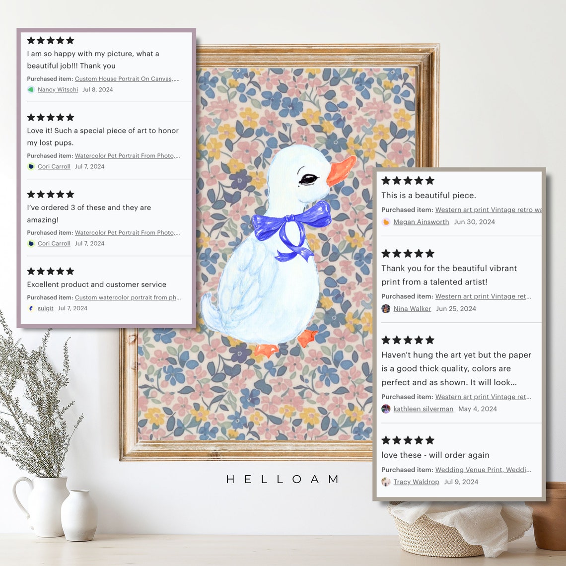 White Duck Blue Bow Floral Background Coquette Cute Nursery Wall Art - Image 4