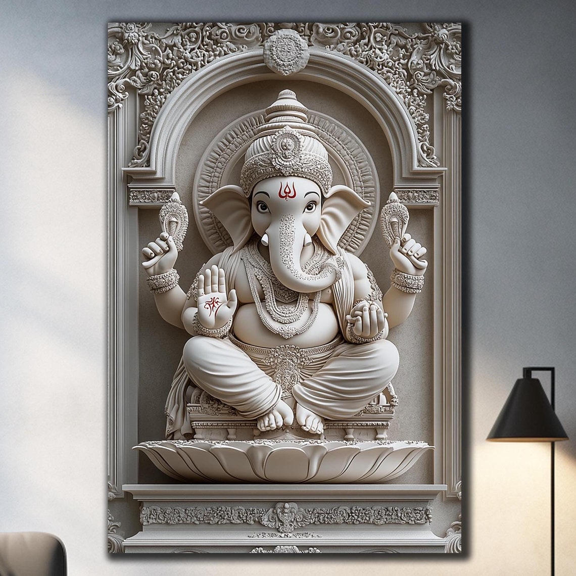 White Ganesha Temple Arch Carved Marble Blessing Wall Art Poster