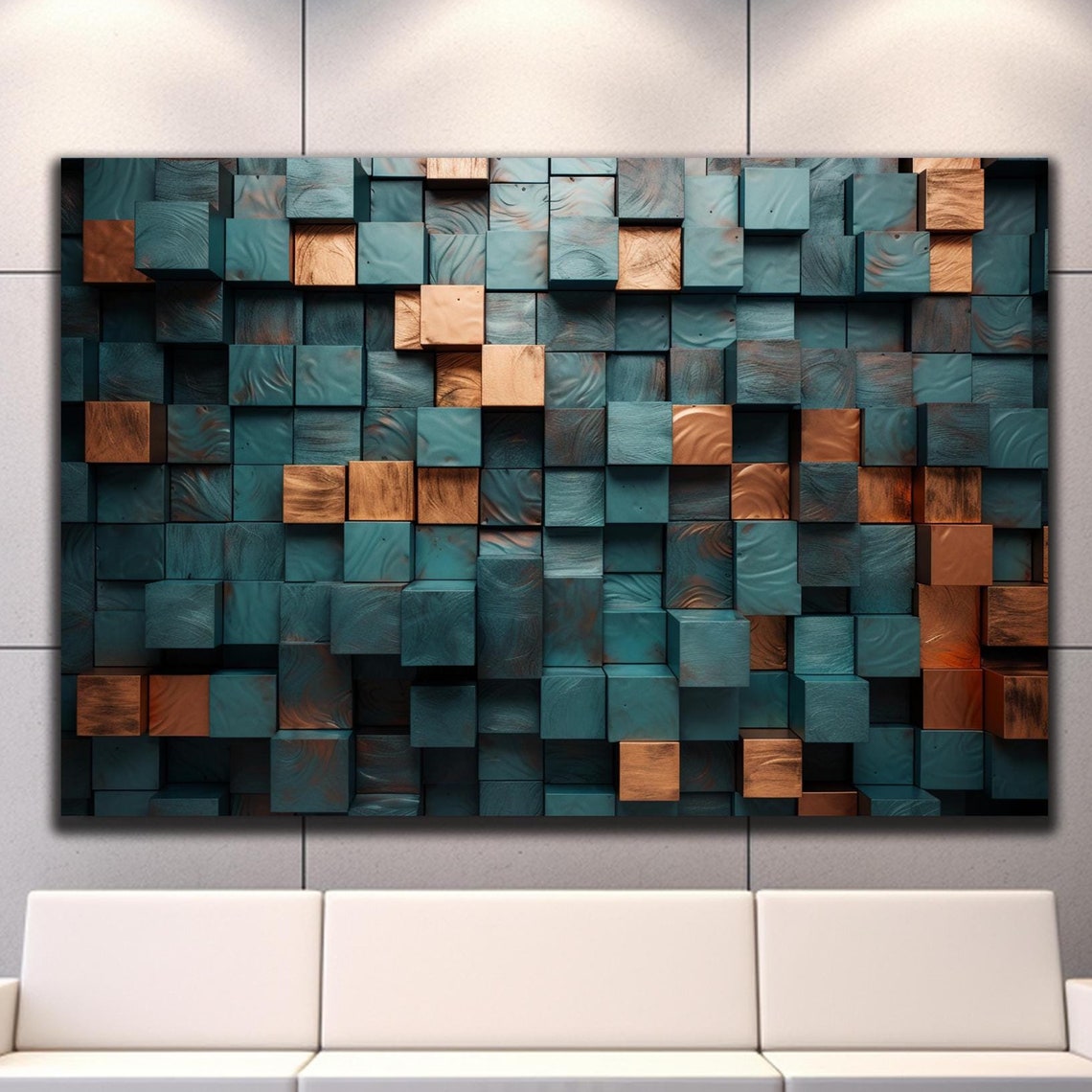 Dark Teal Wood Cube Mosaic Copper Accents 3D Abstract Art Poster