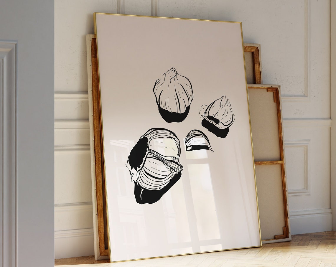Garlic Heads Black And White Line Art Kitchen Ingredient Poster