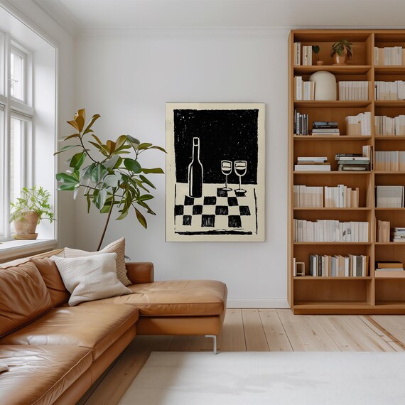 Wine Bottle And Glasses Black White Linocut Checkered Bar Art Print