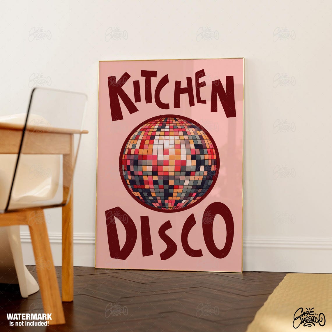 Kitchen Disco Pink Retro Mirror Ball Fun Typography Wall Poster