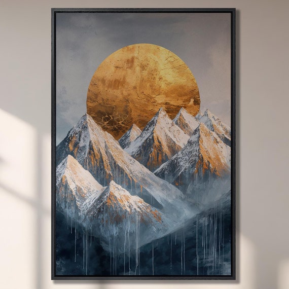Snowy Mountains With Golden Sun Wall Art Abstract Nature Landscape Painting Print Modern Decor Mountain Scenery Poster Ready To Hang