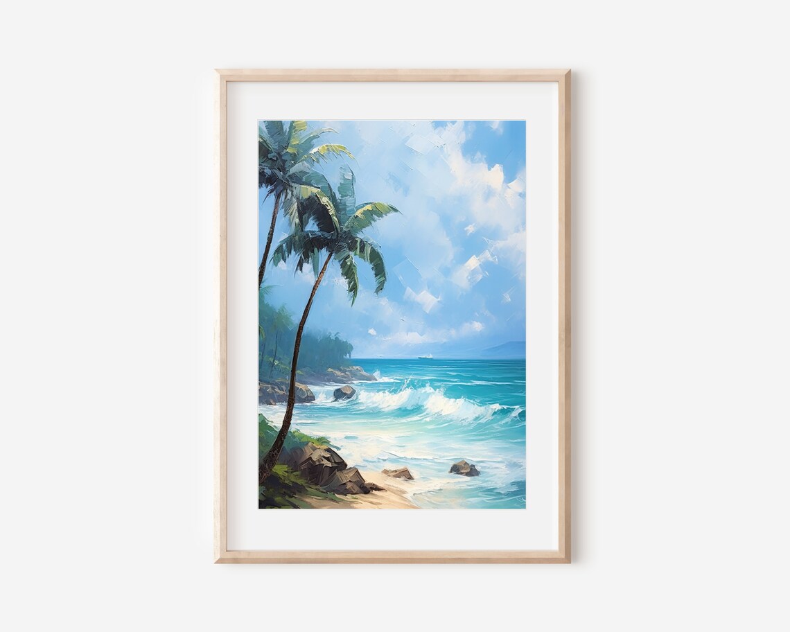 Beach Oil Painting, Hawaii Palm Tree Travel Poster