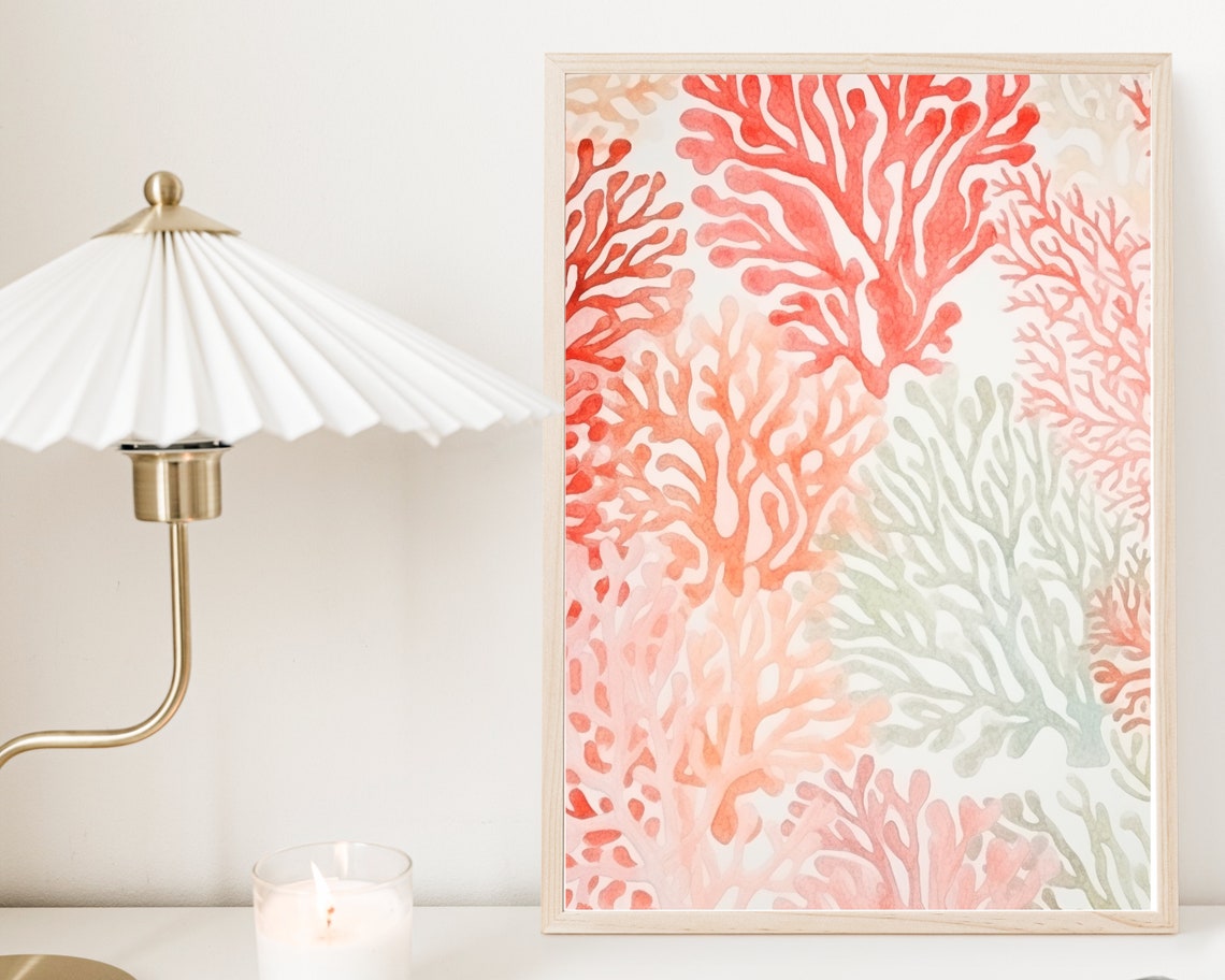 Coral Watercolor Branches Pattern Ocean Boho Coastal Wall Art Poster - Image 2