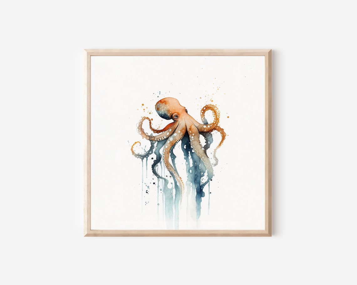 Octopus Watercolor Art Print, Minimalist Coastal Decor