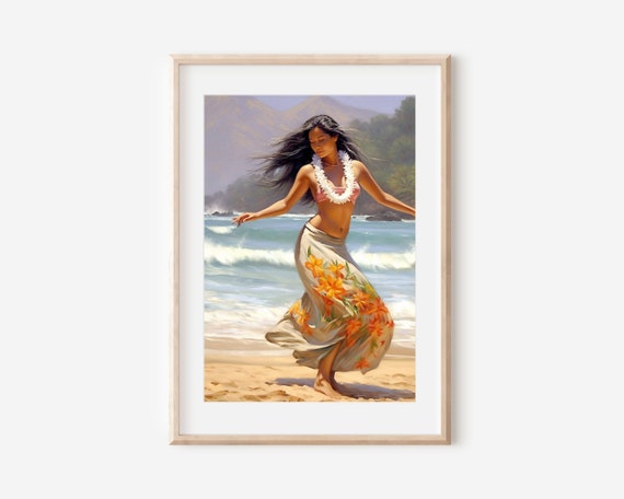 Beautiful Hula Dancer On Beach Hawaiian Hula Art On Thick Matte Paper